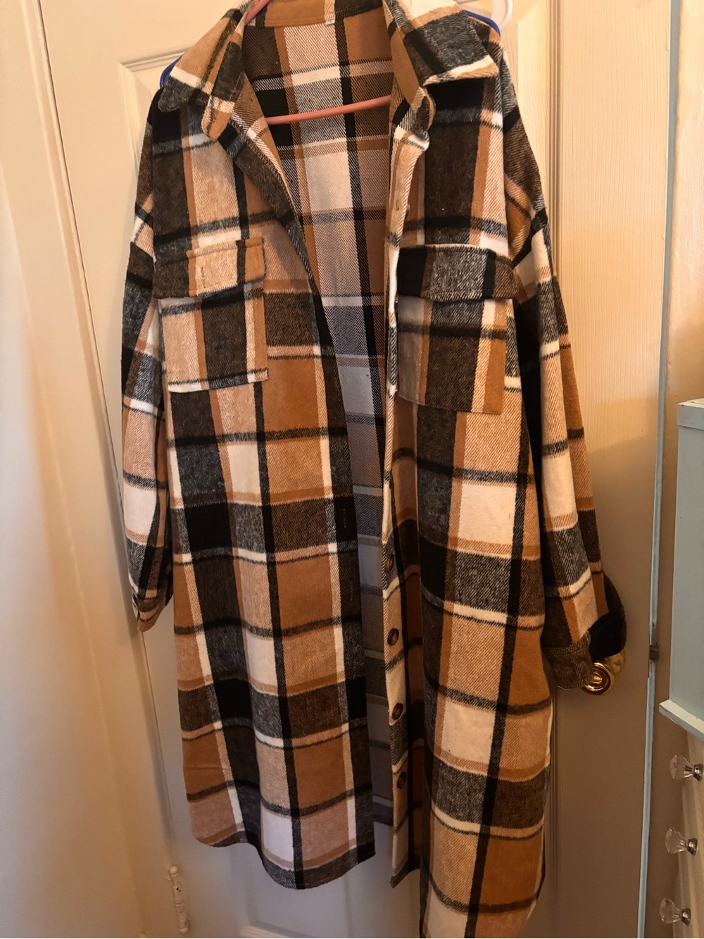 Amazon Plaid Trench Coat in Tan, Black and Cream